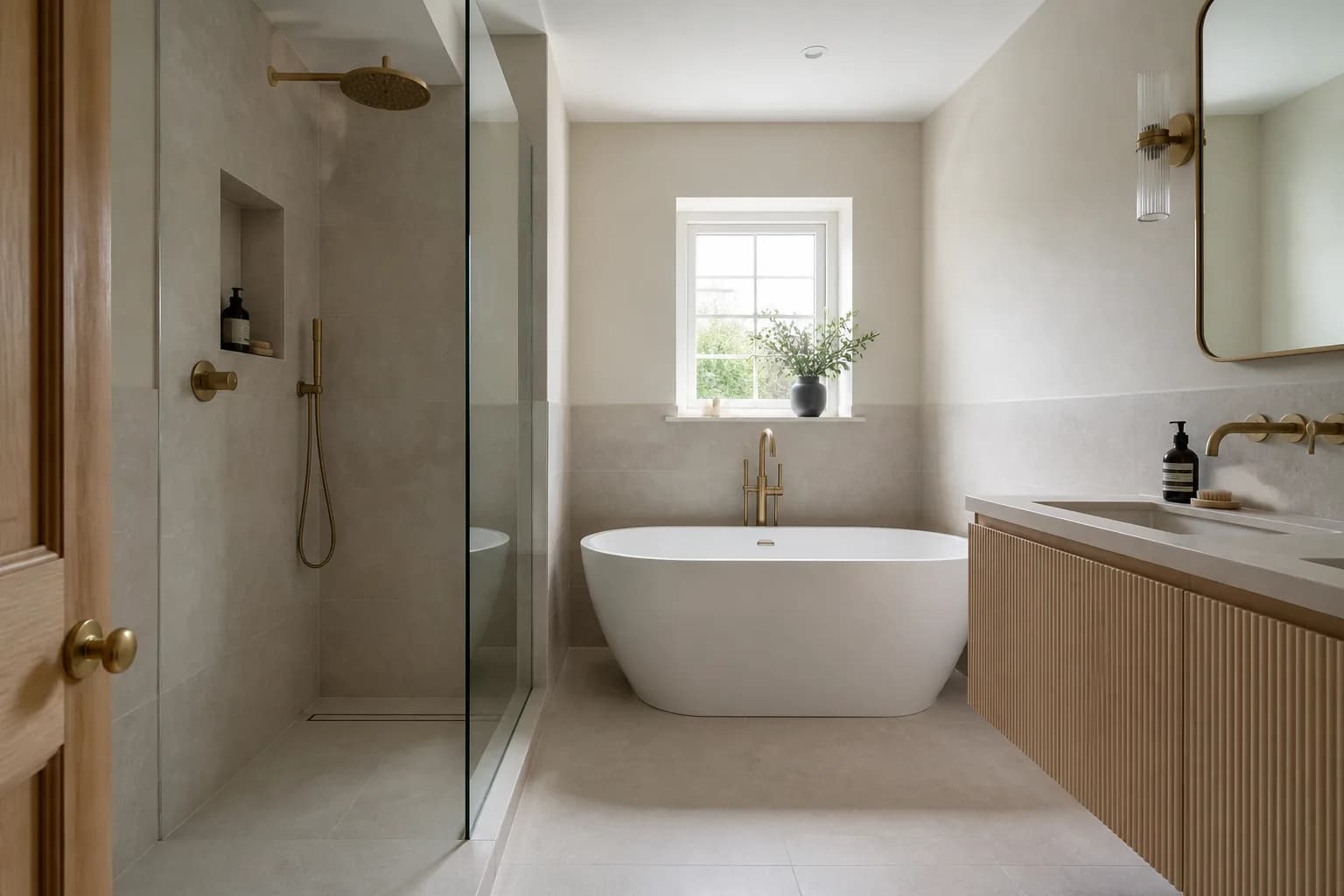 A completed family bathroom with large-format tiling, a walk-in shower and a freestanding bath