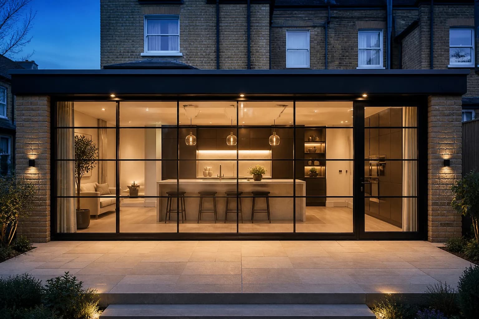 A completed rear kitchen extension at dusk with black steel-framed glazing and warm interior lighting
