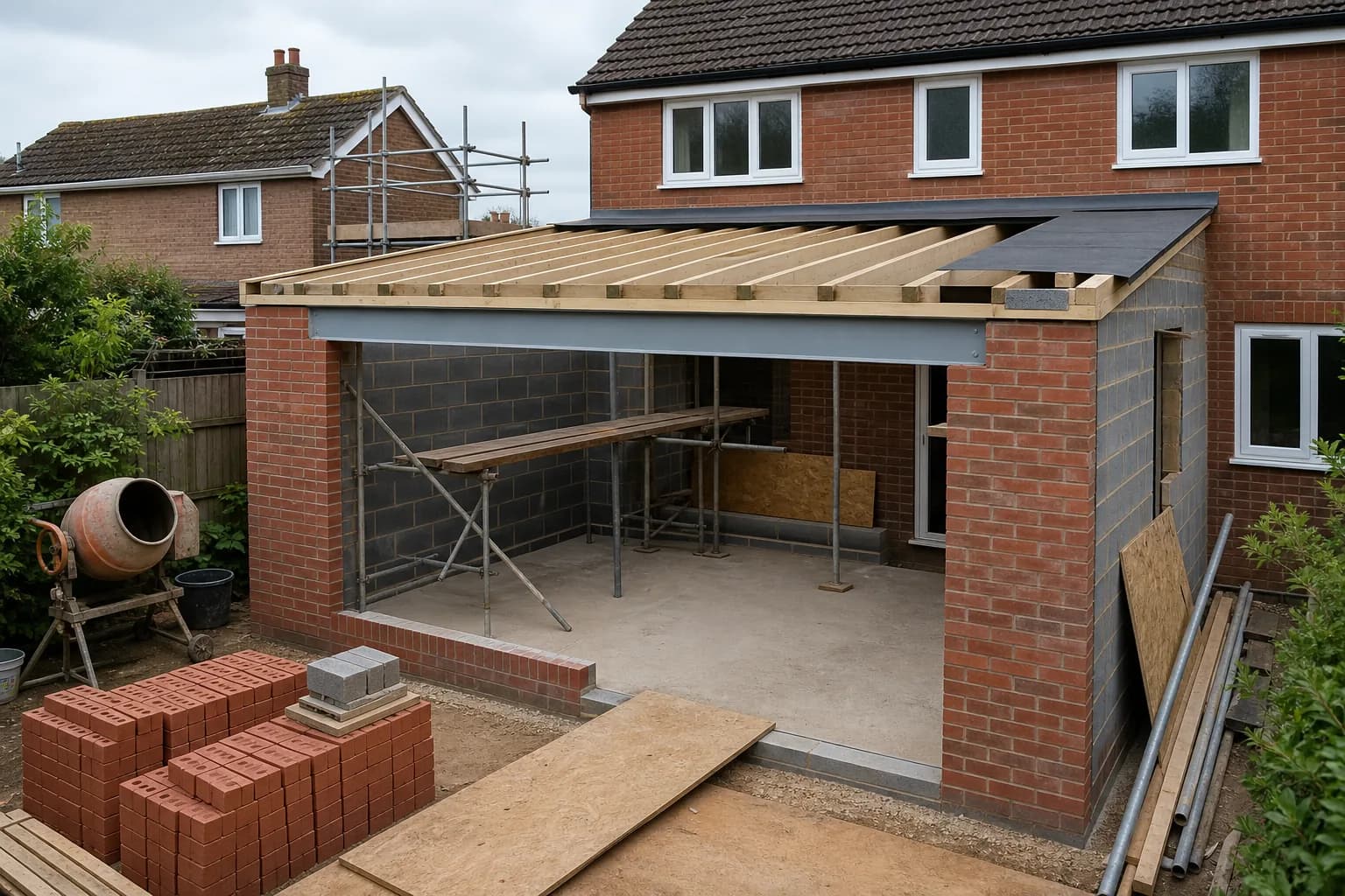 A single-storey rear extension under construction, showing new brickwork and a steel beam over the opening
