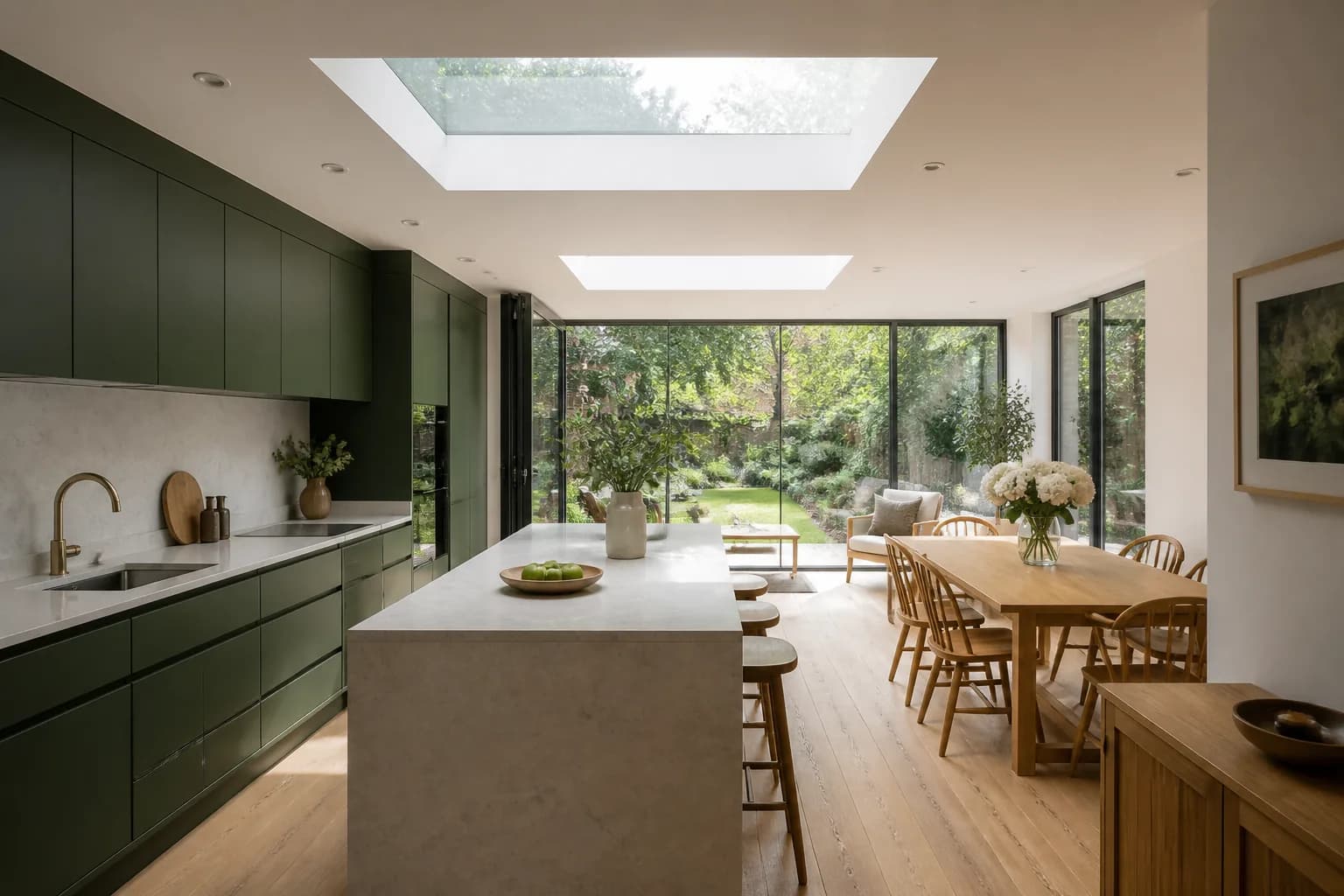 A finished open-plan kitchen diner with green cabinetry and large rooflights