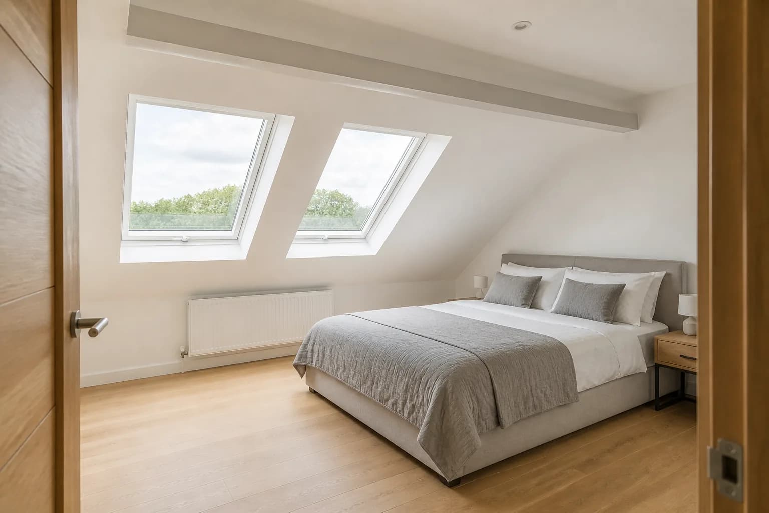 A completed loft conversion bedroom with sloping ceilings and two large roof windows